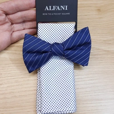 ALFANI Mens Bow Tie & Pocket Square Blue Stripe Polka Dot Satin White Pre-Tied - Image 1 of 4