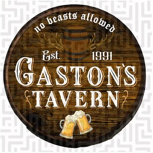 Gaston's Tavern Beer Barrel Sign Wall Hanging Disney Man Cave Wooden Barrel Head - Picture 1 of 8