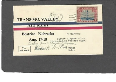 #C11 1929 AIR MEET BEATRICE,NEBR w/ dual postmarks NEBR 1c OVERPRINTS,OMAHA NEBR - Image 1 of 2