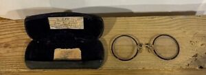 ANTIQUE BROOKLYN NY OPTICAL EYE GLASSES CLIP/SPECTACLES ROUND W/ORIGINAL CASE