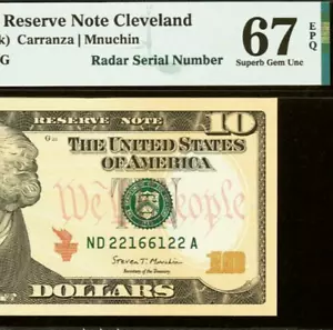 2017 $10 Federal Reserve Note PMG 67EPQ - Radar Serial Number 22166122 - Picture 1 of 3