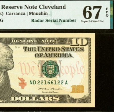 2017 $10 Federal Reserve Note PMG 67EPQ - Radar Serial Number 22166122 - Image 1 of 3