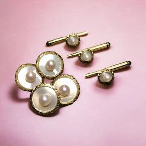 Vintage MIKIMOTO 14K Yellow Gold Pearl Cufflinks Stud Button Set - Picture 1 of 6