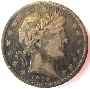 1896 o Barber Half Dollar Very Fine FULL LIBERTY Low Mintage New Orleans Mint - Afbeelding 1 van 2