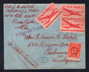 BATON ROUGE La 1946 Airmail Cover to Richmond Ca. Postage Due, Soldier's Mail