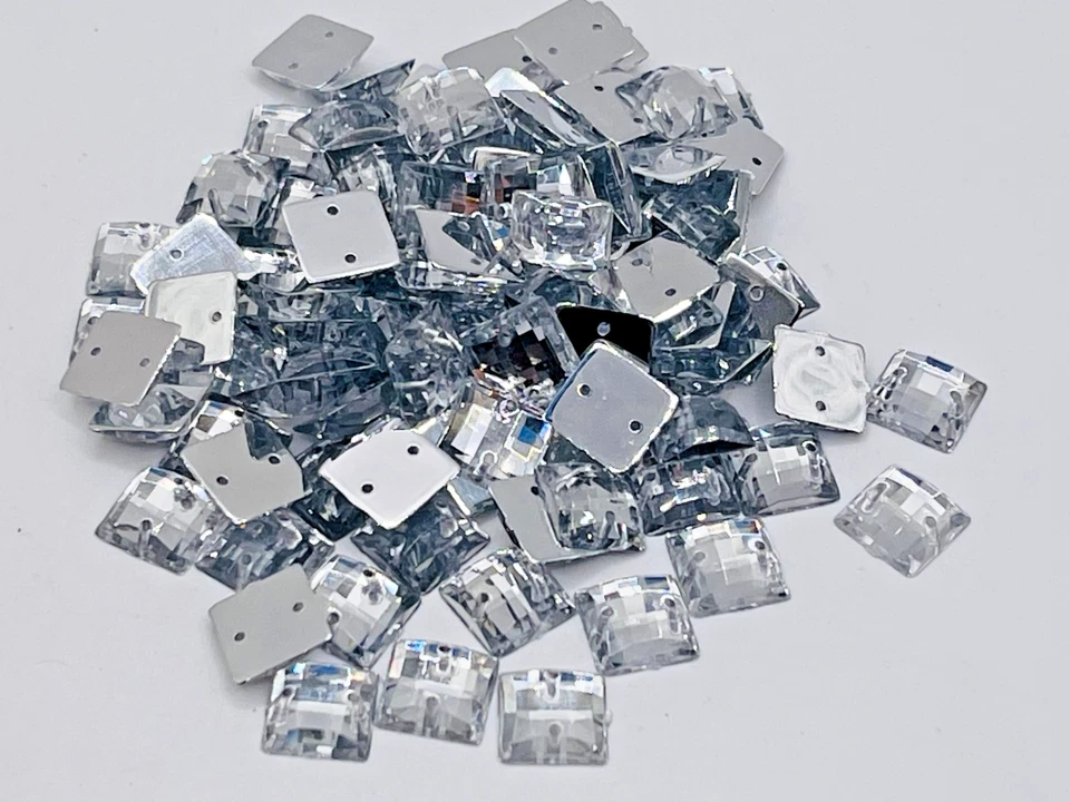 100 Flatback Acrylic Faceted Square Sewing Rhinestone Button Sew on Bead 10mm - Image 1 of 4