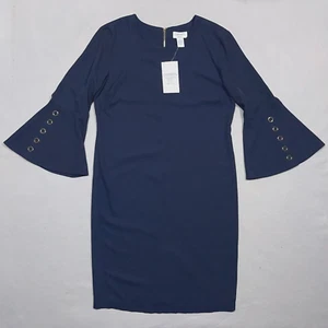 Carmen Marc Valvo Sheath Dress Womens Sz 12 Bell Sleeves Navy Blue Stretch NWT - Picture 1 of 12