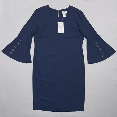 Платье-футляр женское Carmen Marc Valvo размер 12 рукава-раструбы темно-синее эластичное новое с ценниками - Изображение 1 из 4