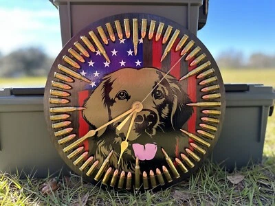Golden Retreiver Dog and American Flag-Walnut 12 Inch Wall Clock- 9mm/5.56 Inert - Image 1 of 4