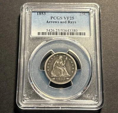 1853 Arrows & Rays Seated Liberty Quarter — PCGS VF25 Original 🔥 TrueView! - Image 1 of 4