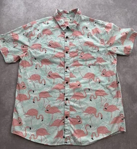 Retrofit Men's Sz XL Hawaiian Shirt Mint Green Flamingo Peach Palm Tree Button - Picture 1 of 15