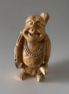 "Estatuilla de madera tallada a mano de 12"" Buda riendo feliz suerte" - Imagen 1 de 10