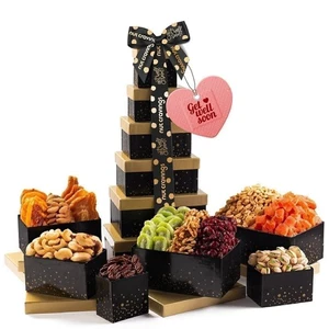 Antojos de Nueces - Cesta de Regalo, 12 Piezas Nueces, Torre de Frutos Secos, Cinta Negra y Dorada - Imagen 1 de 9