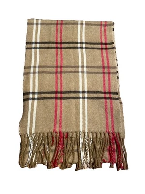 Cejón Tejido Rectángulo Cuadros Envolvente Bufanda Mujer Bronceado Flecos Cuello Calentador Hecho en Italia Foto 1 de 4