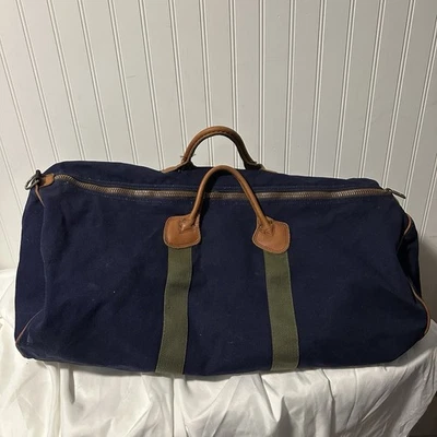 Bolso de Mano LL Bean Crinkle Tag Azul Lona Y Cuero Marrón Años 80/90 De Colección Foto 1 de 4