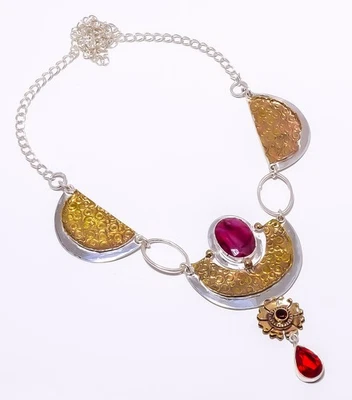 Collar hecho a mano de dos tonos de plata de ley 925 rubí y granate (simulado) 17,99" Foto 1 de 4