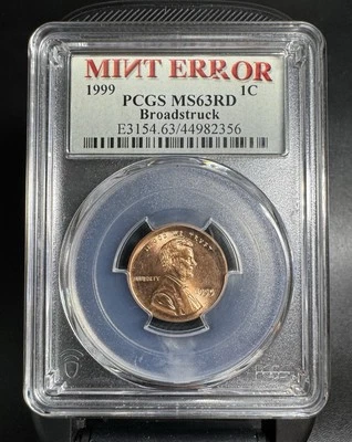 1999 Lincoln Cent Mint Error Broadstruck PCGS Graded MS63 RD - Image 1 of 4
