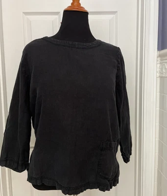 Top de algodón y lino negro cuello redondo manga 3/4 grande para mujer Foto 1 de 4
