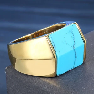 Men Square Cut Simulated Turquoise Ring Stainless Steel Statement Cocktail Party - Picture 1 of 26