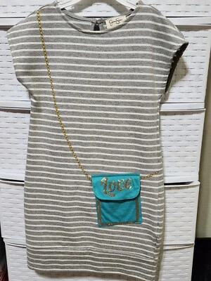 Jessica Simpson Gray/Striped cotton Girls size 6 dress with Teal "Love" Purse - Image 1 of 3