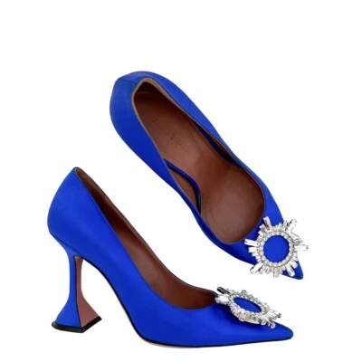 Zapatos de tacón alto Amina Muaddi Begum eléctricos azul cristal satinado estrás 37 Foto 1 de 4