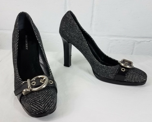 Scarpe décolleté BURBERRY 39 5 8 5 Lana Grigio Fibbie Nero Tacco 4" Made in Italy