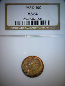 1958-D SILVER ROOSEVELT DIME NGC MS 64        GREAT TONING,