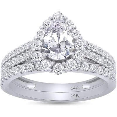 1.20 Ct Halo Two Row Wedding Bridal Ring Set Lab Grown Diamond In 14K Gold - Image 1 of 4