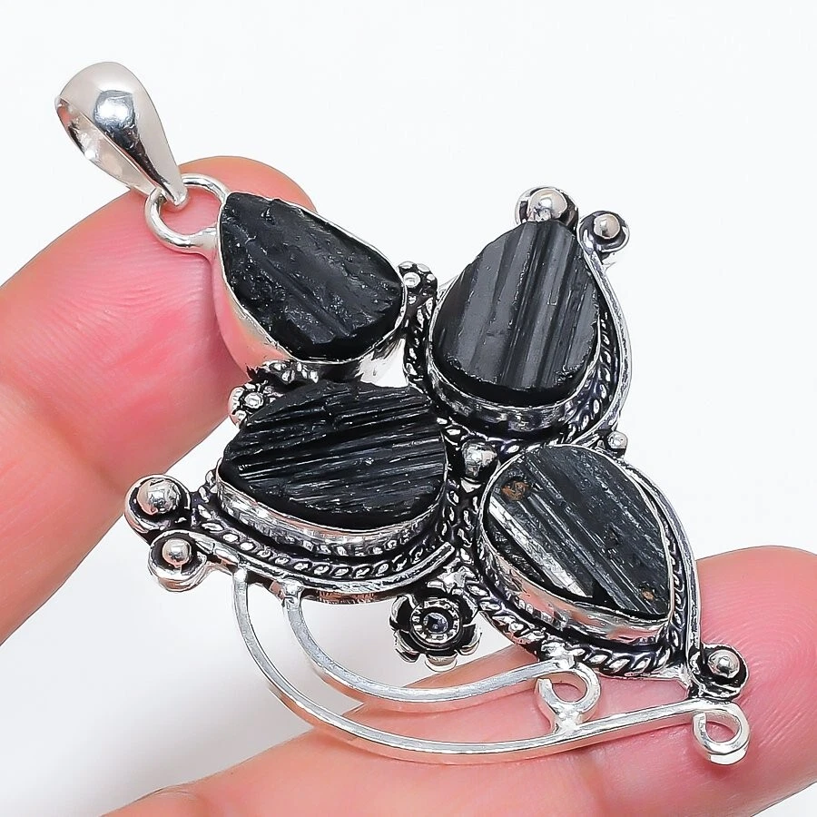 Natural Black Tourmaline Gemstone 925 Sterling Silver Jewelry Pendant Size 2.5" - Image 1 of 1