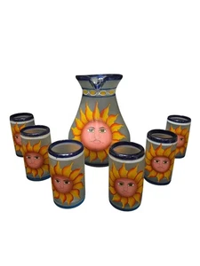 Handbemalter Milchglaskrug mit Sonnengesicht & 6 Becher Set Kobaltrand Mexiko - Bild 1 von 24