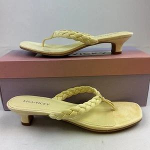 NEW Lisa Vicky Beauty Heeled Flip Flop Sandals Sz 7 Light Yellow Braid Suede - Picture 1 of 8