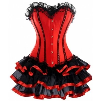 Red Lace-up Corset Outfit & Ribbon Burlesque Skirt - Image 1 of 2