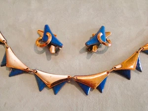 Vintage Matisse Renoir Blue Modernist Copper Enamel Necklace Earrings Triangles - Picture 1 of 9