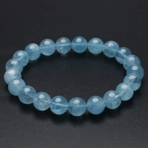 9.6mm Natural Bule Aquamarine Crystal Gem Stretch Round Beads Bracelet AQBB016 - Picture 1 of 4