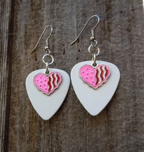 Pink and Red Heart Charm on White Guitar Pick Earrings - Picture 1 of 1