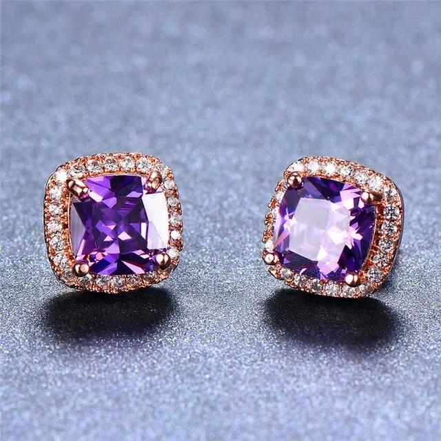 Lab-created.2ct Purple Amethyst Halo Solitaire Stud Earrings 14k RoseGold Plated - Image 1 of 4