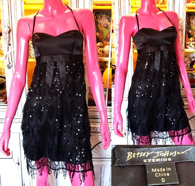 Vintage Betsey Johnson Evening Y2K 90s Black Mesh Long Sequin Fringe Dress 0 XS - Image 1 of 4