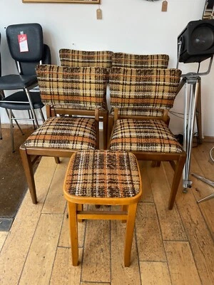 Set of 4 1970's Solid Wood Chairs and Stool - Image 1 of 4