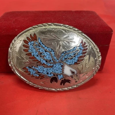 DE COLECCIÓN SSI EAGLE HEBILLA DE CINTURÓN TURQUESA CORAL INCRUSTACIONES 1988 HECHO A MANO EE. UU. USADO Foto 1 de 4