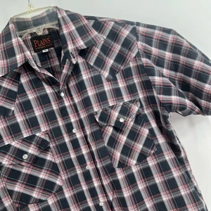 Camicia western vintage Plains uomo M Pearl Snap manica corta nera rossa bianca a quadri - Foto 1 di 7