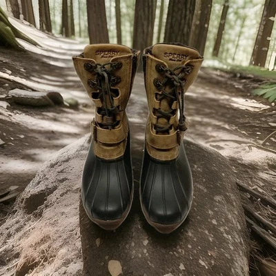 Sperry Waterproof Duck Boots Brown Leather Plaid Trim Side Zip Women's Size 8M - Image 1 of 4