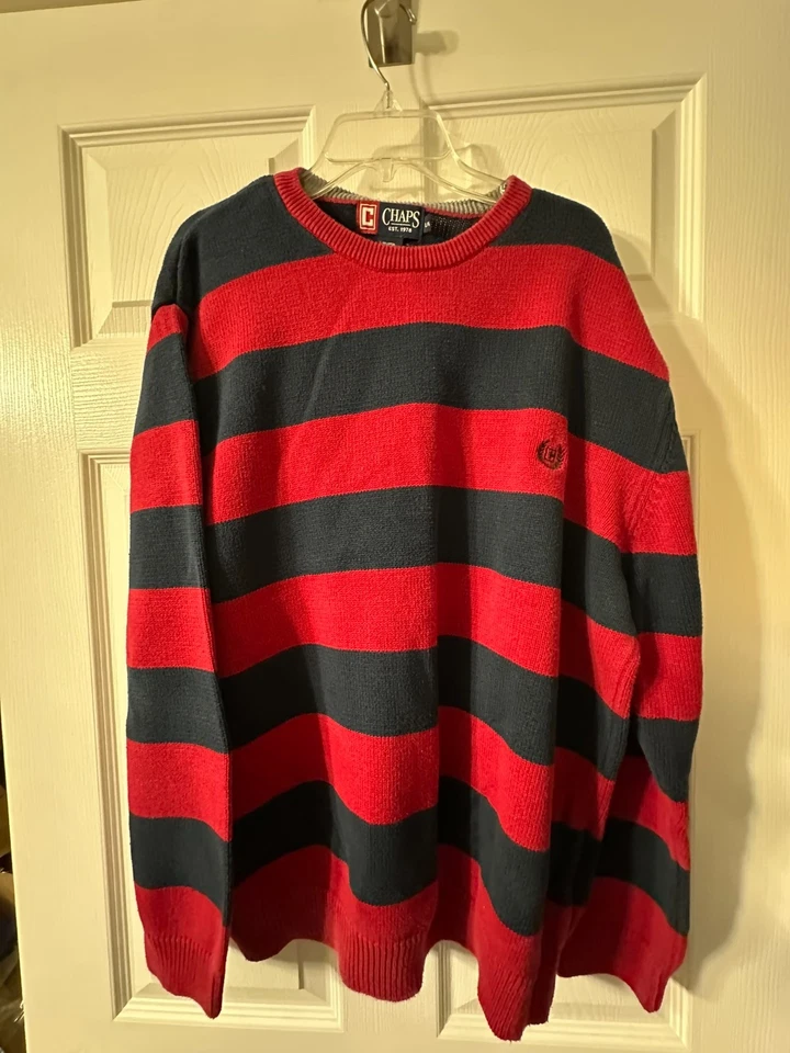 Chaps Mens Large L/G Long Sleeve Cotton Sweater Red/Black Stripes Classic Fit - Image 1 of 3