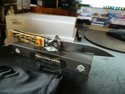 BEAR & SON CUTLERY 4 1/4" CLOSED RANCHER FRAMELOCK STAG FOLDER D2 BLADE BC521 - Image 1 of 4