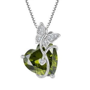 Women Heart Butterfly Necklace Sterling Silver August Birthstone Peridot Pendant - Picture 1 of 5