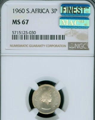 1960 SOUTH AFRICA 3 PENCE NGC MS67 MAC FINEST GRADE & SPOTLESS . - Image 1 of 2