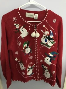 Women Snowman 3D Embroidered Sweater Holiday Ugly Christmas M Lemon Grass Zipper - Picture 1 of 8