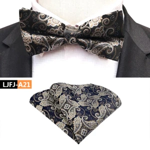 Mens Pre-Tied adjustable Bow Tie Paisley Brown White Bowtie Hanky Wedding Party - Picture 1 of 1