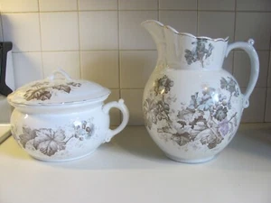 Antique Johnson Bros. Royal Semi-Porcelain Pitcher & Chamber Pot w/Lid - Picture 1 of 9