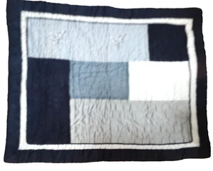 Single navy gray standard patchwork sham leaf embroidery quilted cotton blend - Picture 1 of 5