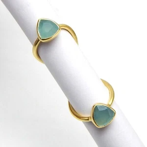 Trillion Cut Aqua Chalcedony Gemstone Full-Finger Ring Partywear Crisscross Ring - Picture 1 of 7